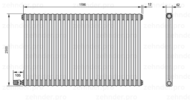 Схема (чертеж) Радиатор Zehnder Charleston 2250/26 №V003 Белый глянцевый RAL 9016